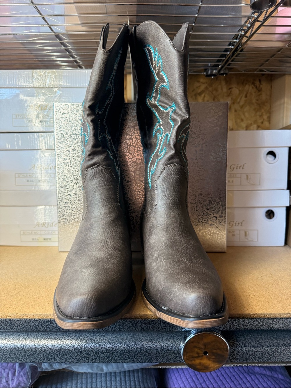 Women's Brown Western Heeled Boots with Teal Stitching